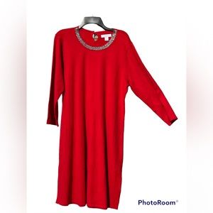 Liz Claiborne Cabaret Red Sweater Dress with Sparkling Rhinestone Collar